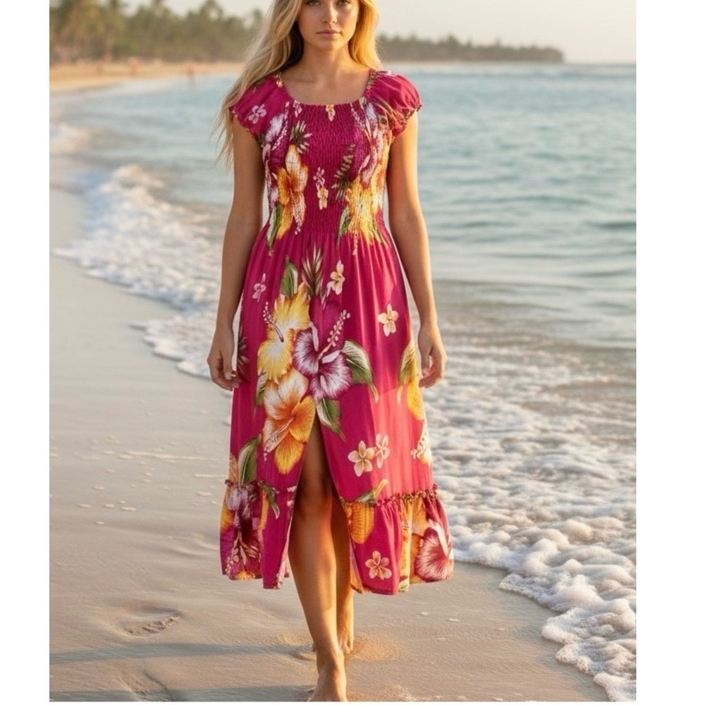 LOFT Tropical Floral Smocked Midi Dress Women S Magenta Yellow Resortwear Flowy
